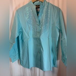 Bob Mackie Aqua Sequin Embellished Shirt